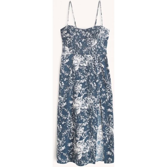Abercrombie & Fitch A&F Luxe Crepe High-Slit Midi Dress XS Petite Blue Floral - Picture 4 of 5